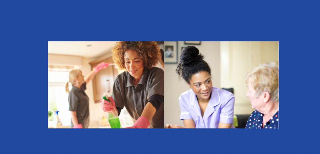 Post with woman performing cleaning work and wokan caring for elderly woman.