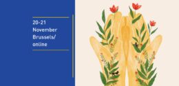 20-21 November. Brussels/online. Drawing of two hands with flowers and animals, making a silhouette of a person in the center of the two hands